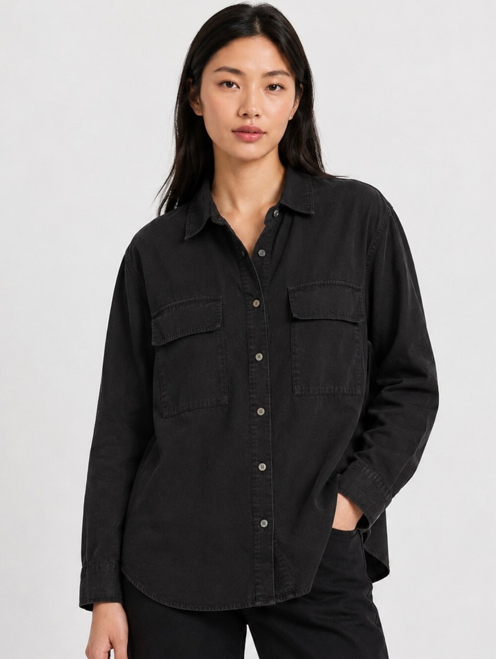 Babaton by Aritzia 100% TENCEL™ Lyocell button-up shirt in classic black.